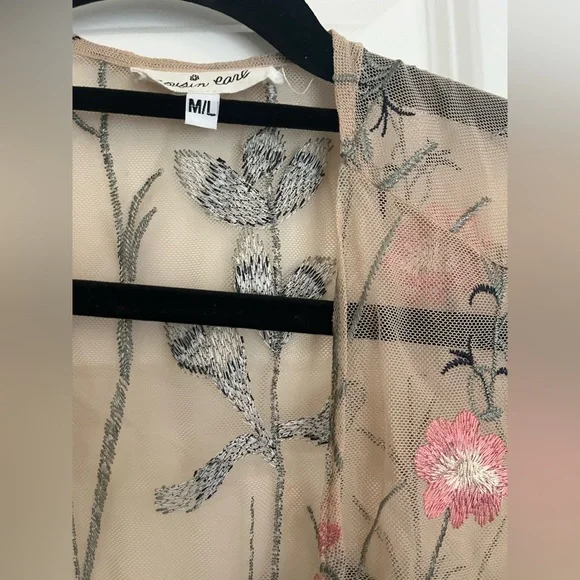 Floral Embroidered Sheer Kimono - Tan and Pink - Picture 2 of 2